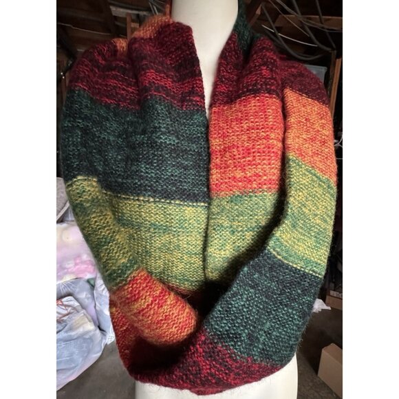 Pashmina Infinity Knit Scarf Silk Multicolor Strip Red Green Yellow Orange - Picture 1 of 9